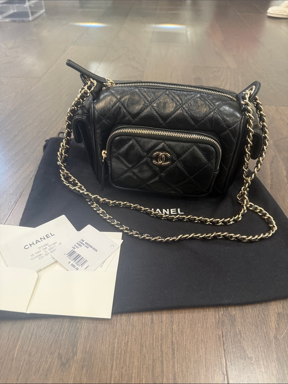 CHANEL Black Quilted Leather Crossbody Bag with Gold Chain